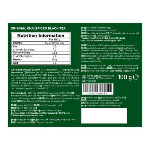 VAHDAM, Masala Chai Tee Loseblatt (100g) Mischung Aus Schwarzer Tee, Zimt, Kardamom, Nelken Und Schwarzem Pfeffer | Gewürzter Chai Tee | Brühen Latte