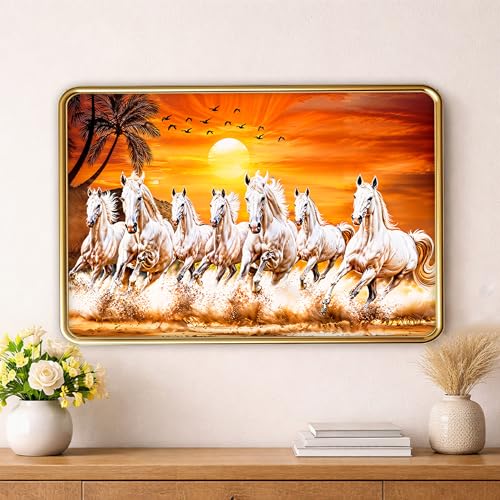 Image of XOPY Seven Running Horses Art with Golden Frame | Vastu 7 horses Raw Pyrite Painting for Home, Office & Living Room Wall Decore | 12X18 Inch Sparkle Laminated Frame | Best For Gifting (53312, 12X18)