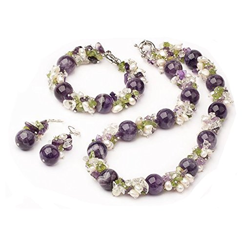 Preisvergleich Produktbild Halskette Armband Ohrringe Set Amethyst Kristall Peridot Süßwasserperle