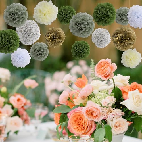 Image of BestoFun 16 PCS Sage Green Party Decorations Tissue Paper Flowers Pom Poms Decorations for Girl Groovy Birthday Baby Shower Wedding Bachelorette Room Wall Hanging Decor