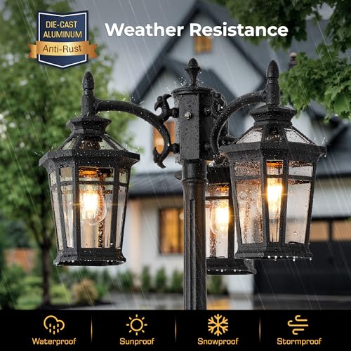 Image of Black 3-Head Outdoor Lamp Post Light Fixture with Photocell Sensor | Dusk to Dawn, Hardwired 120V AC, Waterproof Street Light, 100% Aluminum, For Yard, Driveway, Walkway, Garden, Street, Patio