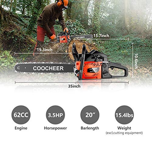 COOCHEER 20'' Chainsaw 62CC 2-Stroke Gas Powered Chain Saws with 2 Chains, Tool Kit, Carring Bags for Cutting Trees, Wood