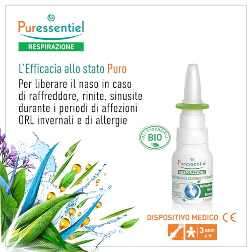 Puressentiel – Respirazione – Spray Nasale Decongestionante – Dispositivo medico – Decongestiona sin dai primi minuti - Raffreddore, rinite, sinusite – Formula 100% origine naturale - 15 ml - Immagine 1