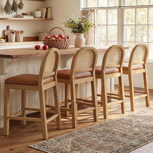 Image of Upholstered Wooden Rattan Bar Stools Set of 4, Island Chairs (Brown) | STHOUYN, Counter Height, Solid Wood, Rattan Woven Back, Faux Leather Seat, Mid-Century Modern, Kitchen