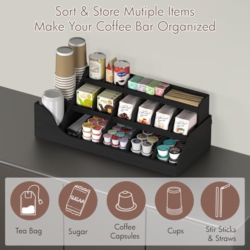 Image of Suli Exact Large Coffee Station Organizer,Wooden Countertop Pods Holder with Drawer for Condiment Syrup Tea Cups for Lobbies,Breakroom,Office,Rustic Bar Decor for Accessories Organizer,3 Tiers -Black
