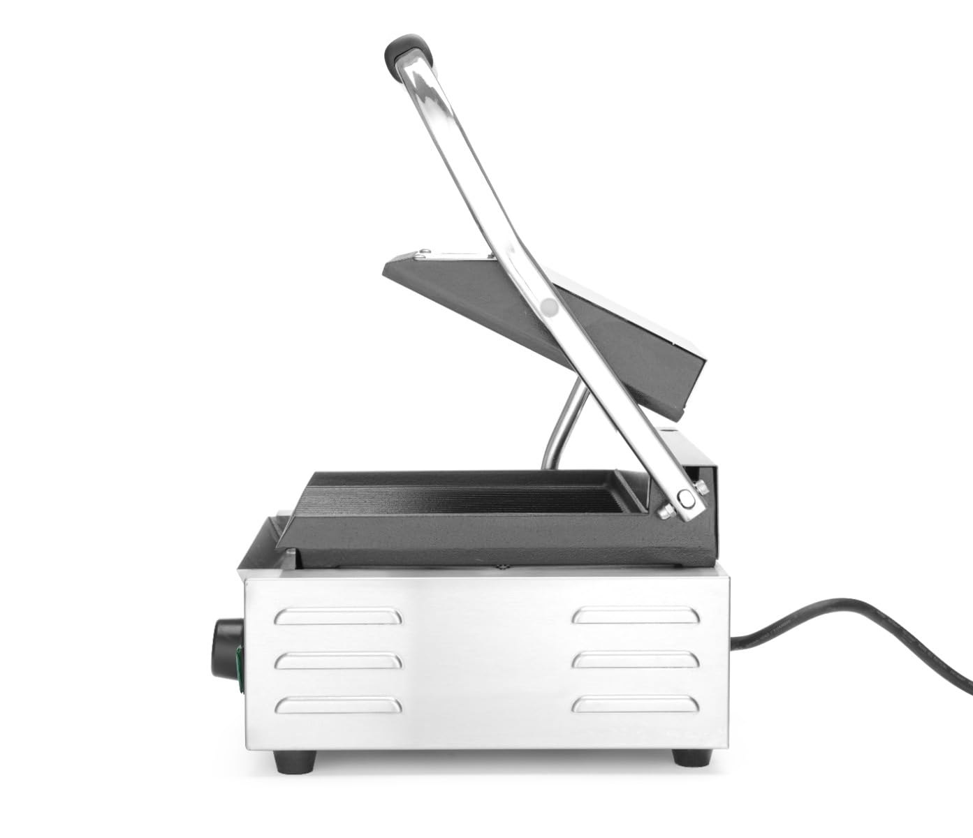 HENDI Kontaktgrill, einzeln, gerillte Ausführung, inkl. Grillreinigungsbürste, Temperatur bis 300°C regelbar, Grillfläche 220x232mm, Elektrogrill, 230V/1800W, 310x375x(H)216mm, Edelstahl