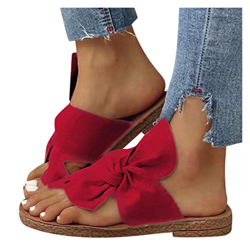 AIHOU Sandals for Women Bowknot Clip Toe Flat Sandals Casual Summer Comfy Slip on Slides Slippers Womens Sandals Red