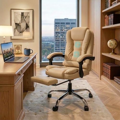 Image of Casa Copenhagen Italia Leatherette Office Chair for Work | Boss Chair, Ergonomic Executive, Luxurious Cushioned Arms & Seat, 2 Point Back Massager, Adjustable Leg Rest, Heavy Duty Metal Base (Beige)