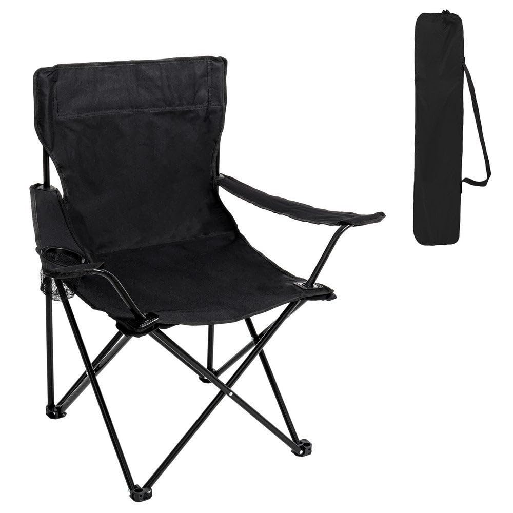 LOLAhome Silla Playa Camping Pesca y Caza Plegable Cierre Tijera Estructura Acero con Pintura Epoxi anticorrosión y Lona poliéster Oxford 600 D Negra, portavasos y Bolsa de Transporte