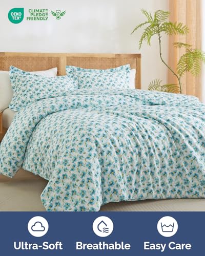 Image of Duvet Cover Twin /TXL Size Set - Extra Soft Floral Duvet Cover 68 x 90 with 1 Pillow Sham - Comfy, Cozy Breathable Floral Bedding Set - Hotel Luxury & Fade Free w / Zipper Closures & Ties - Blue Peony