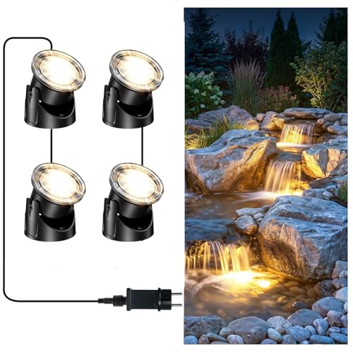 POPOSOAP LED Pond Lights 4-Head IP68 Waterproof Underwater Lights with 8H Timer Function 90 Rotatable Design & Gravity Base Fountain Lights for Pond Fountain Waterfall Aquarium Pool-P64HZ