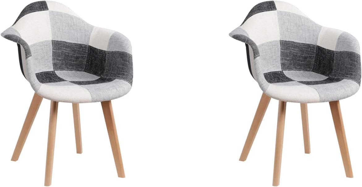 HJhomeheart 2 Patchwork Fabric Dining Chairs with Armrests, Modern Design Armchair, Scandinavian