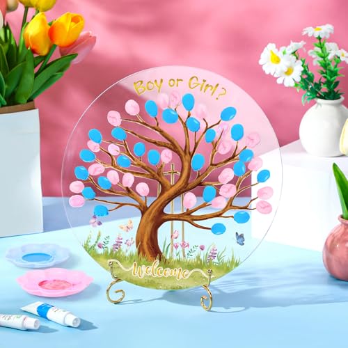 Pasimy Gender Reveal Fingerprint Tree Boy or Girl Party Ideas Baby Shower Guest Book Party Game Gender Reveal Decoration Supplies Baby Shower Sign in for He or She Keepsake(Tree)