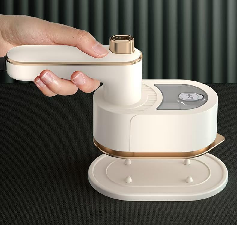 Portable Handheld Garment Steamer with Base, White and Gold Design