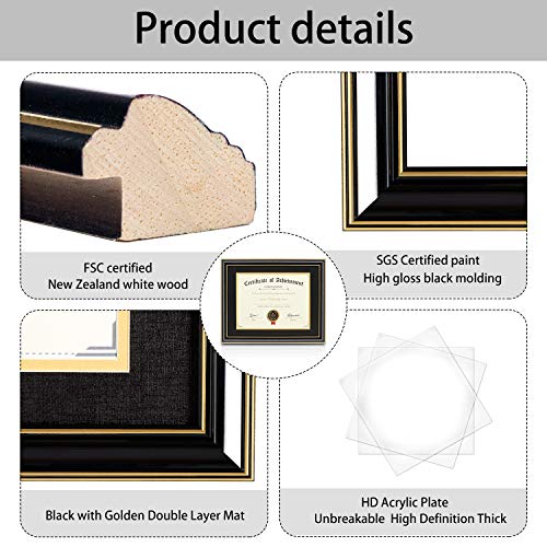 Image of ELSKER&HOME 11x14 Diploma Frame with Black Mat,Real Wood Black | Document Frames 11x14 with Mat or Certificate 15x18 without Mat Wall Mount Display (Double Mat,Black Mat with Golden Rim)