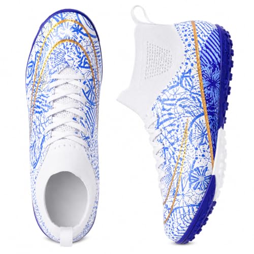 QUARRYUS Mens Soccer Shoes for Boys Anti-Skid Training Sneakers Football Boots Children Outdoor Casual Sports Shoes White-TF 35 EU