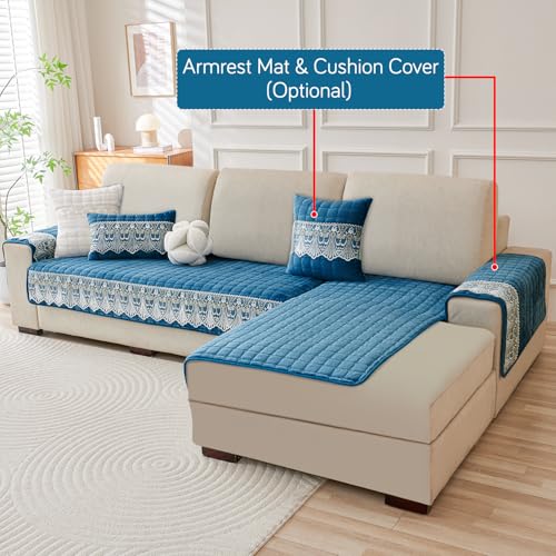 Image of HOKIPO Bellelace Velvet Sofa Cover L Shape 6 Seater Mat, 3+3, Pearl White