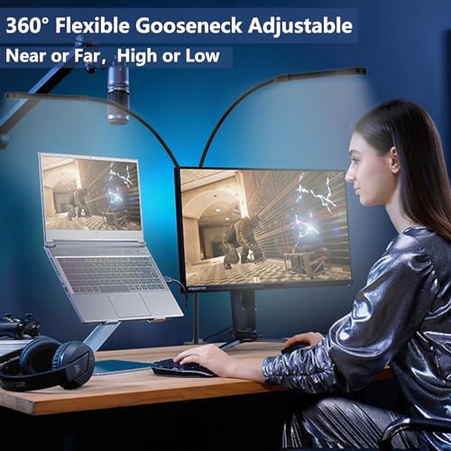 Image of Clamp on Desk Lamp-3 Color Mode & 10 Brightness Levels,Dual LED Tube Flexible Gooseneck Clip Light for Architect Reading, Working, Bedroom Headboard, Dorm