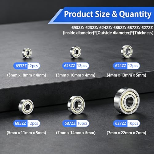 Dianrui 68 PCS 693ZZ/ 623ZZ/ 624ZZ/ 685ZZ/ 687ZZ/ 627ZZ Ball Bearings Assortment Kit, Small Bearings Carbon Steel Deep Groove Bearing, for Furniture Wheel, Roller Skates, 3D Printing and ect —6 Size by Dianrui - Image 2