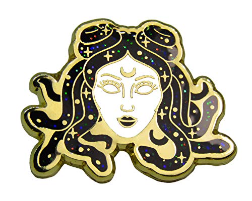 Medusa Head Lapel pin. Hard Enamel, Metal Alloy Gold pin. Greek lore Medusa Snake Head Brooch.