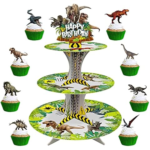 Dinosaur Cupcake Toppers 24Pcs and Dinosaur Cupcake Stand Jurassic Birthday Party Supplies Set for Kids Boys Dinosaur Theme Birthday Party Decorations 3 Tier Dino Cardboard Cupcake Stand Topper Cover