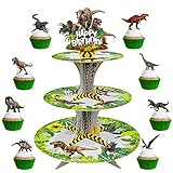 Dinosaur Cupcake Toppers 24Pcs and Dinosaur Cupcake Stand Jurassic Birthday Party Supplies Set for K