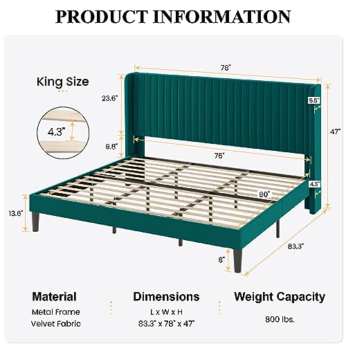 Image of SHA CERLIN King Size Velvet Bed Frame, Tufted Wingback Headboard, Teal | 47'' Modern Vertical Channel Headboard, Upholstered Platform Bed, Wood Slats, No Box Spring Needed, Easy Assembly, Noise Free