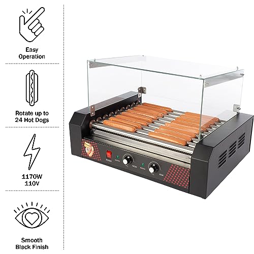 Image of Hot Dog Roller Machine with Cover - 1170W Stainless-Steel Cooker with 9 Rollers - 24 Hotdog Capacity Electric Grill by Great Northern Popcorn