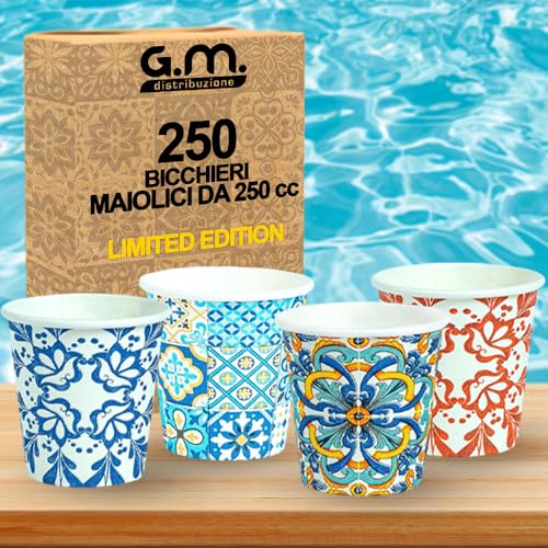 250 Pezzi Bicchieri da Cappuccino in Carta con Grafiche Maioliche, 250 ml, Biodegradabili Biocompostabili, Usa e Getta, 4 Colorazioni, Ideale per Casa, Ufficio, Asporto Bevande Calde