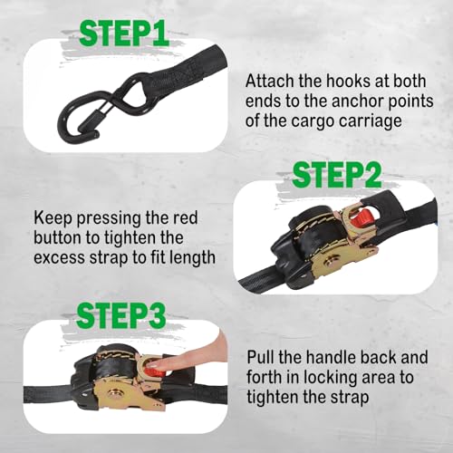 Moto4U ZDBD3S004DKNO Retractable Ratchet Straps,1 Inch X 10' Self Ratcheting Ratchet Tie Down Straps thumb #3