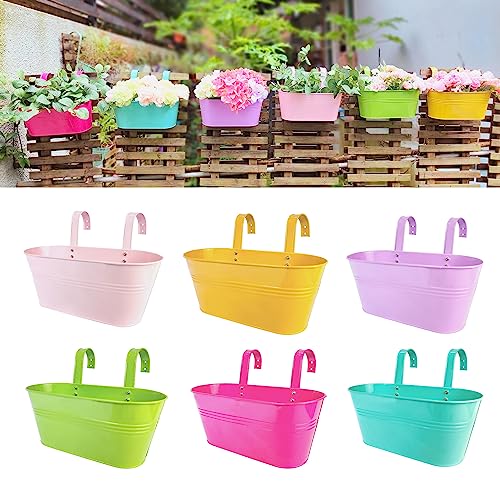 LaLaGreen - Macetas colgantes de metal para plantas al aire libre (6 unidades, 9.8 pulgadas), de hierro y fresa, para terraza, cubo colorido para valla, moderno, para montaje en pared, ventana,