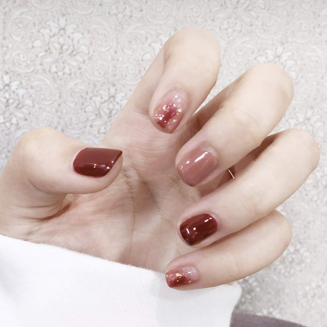 Amazon Com Haloty Christmas Red Fake Nails Short Square False Nail Full Cover Acrylic Nail Sequins Press On Nail Glossy Artificial Nails Art Accessories For Women And Girls Beauty Personal