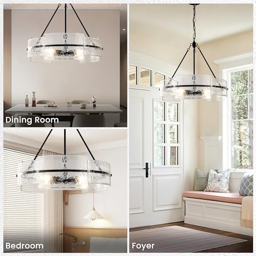 Corlaceling Modern Dining Room Chandelier 22 Inch Black Textured Glass Chandelier Luxury Drum Crystal Light Fixture Farmhouse Round Hanging Lighting For Dining Room Kitchen Island Living Room Hallway Bedroom thumb #1