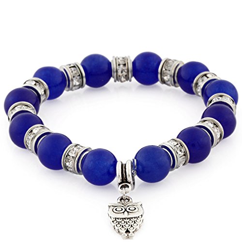 Morella Women's Bracelet Elastic with Owl Pendant and Stone Beads Blue