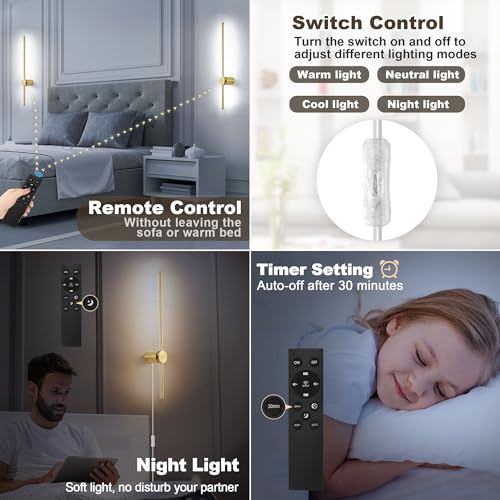 Image of GOODATE Wall Sconces Set of Two with Remote, Stepless Colors 3000K-6500K & Stepless Dimming, Hardwire or Plug-in, 180 Rotate, LED Gold Plug in Wall Sconces with Timer & Night Light, 39.4 Inches