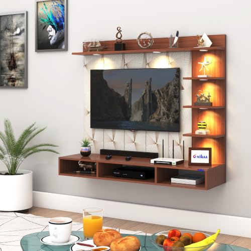 Image of Anikaa Tyron Engineered Wood Wall-Mount TV Unit with PVC Back Panel & LED Lights | TV Cabinet with Storage Box & Decorative Shelves (Walnut) | Ideal for TVs up to 43 Inch | DIY Installation