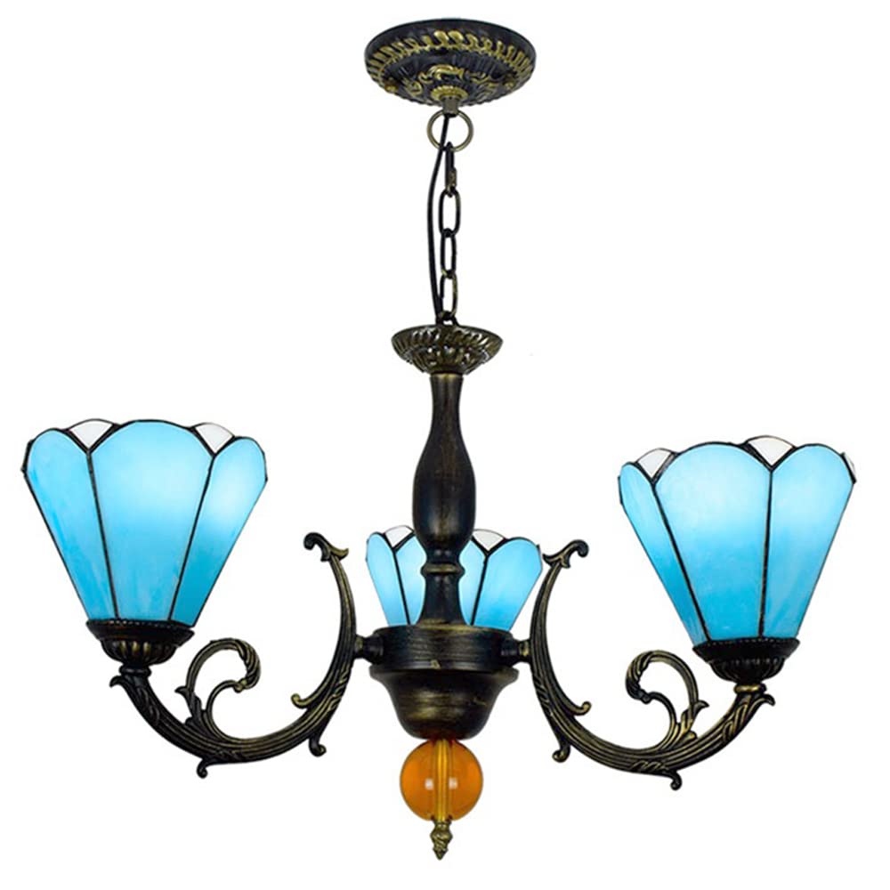 FYZDLAOR Mediterranean Blue 3-Light Chandelier,Adjustable Pendant Light Light Fixtures,Tiffanystyle Stained Glass Hanging Light Wide 20 Inch Height 32 Inch