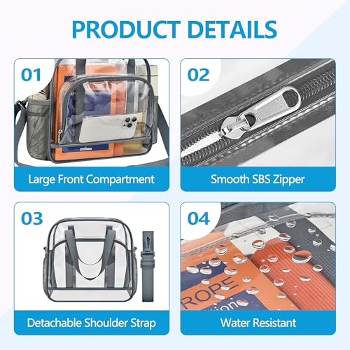 Image of Paxiland Clear Bag for Stadium Events, 12x6x12 inches Tote Bag with Detachable Reinforced Strap for Sports Concert and Work