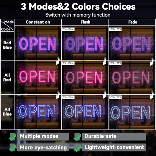 Image of Open Sign for Business, 48 inchx17 inch Dimmable Large LED Open Signs with Hanging Installation for Bar Pubs Store Restaurant Office Hotel Salon Red & Blue
