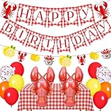 Crawfish Boil Party Supplies Included Happy Birthday Banner,22pcs Crawfish Balloons,Red and White Checkered Tablecloth for Cajun Lobster Party Decorations Shrimp Seafood Boil Carnival Party Supplies