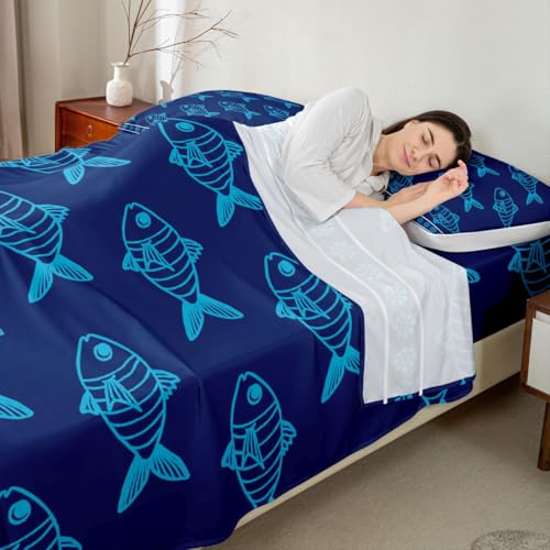Image of jejeloiu Ocean Fish Bed Sheets Set King Size Summer Bed Set Blue Deep Pocket Fitted Sheet Sea Animal Breathable Soft Lightweight Microfiber
