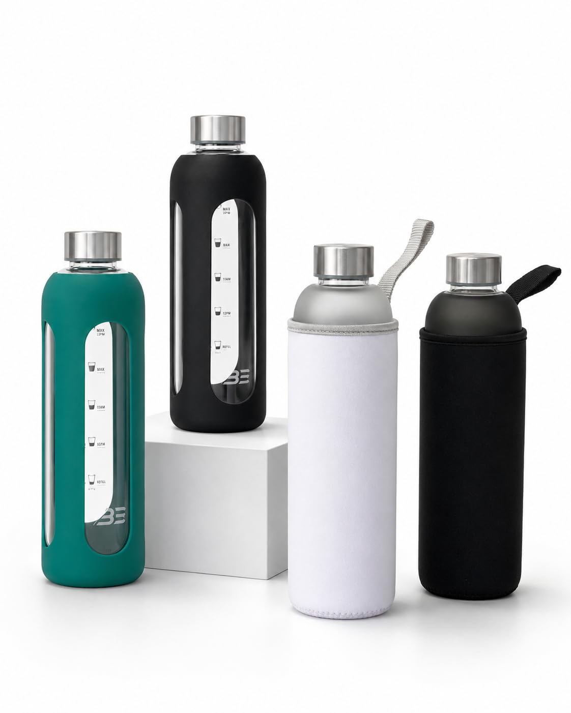 Be-Active Dark Green Glass Water Bottle With Times To Drink - Borosilicate Glass – Motivational Bottles - Bpa Free Sizes 550Ml & 1 Litre (, 1 Litre)