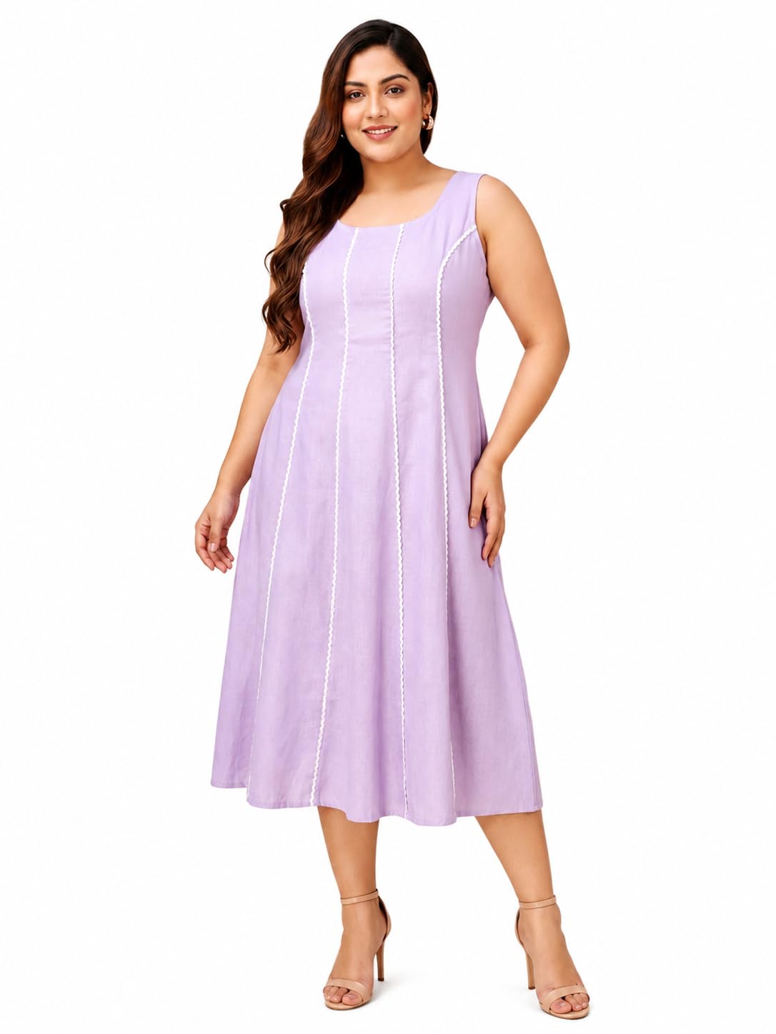 Women's Flared Midi Sleeveless Round Neck Solid Dress-image-31