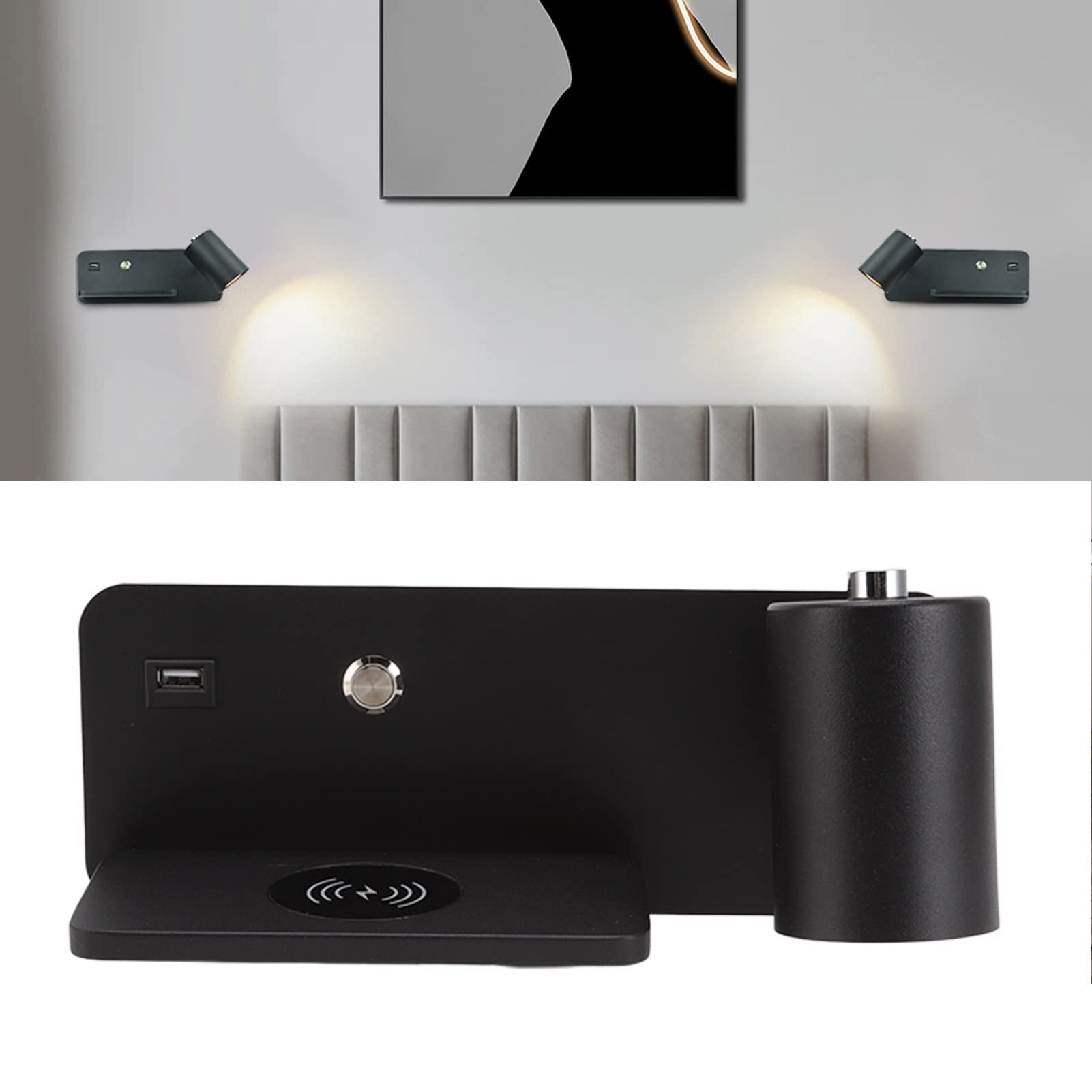 LED Wandkandelaars, Wandgemonteerde Leeslamp Nachtkastje Wandlamp met 5V USB-oplaadpoort en Draadloze Oplader, Draaibare Wandlamp met Warm Licht voor Slaapkamer, Woonkamer, Hotel (Zwart Rechts