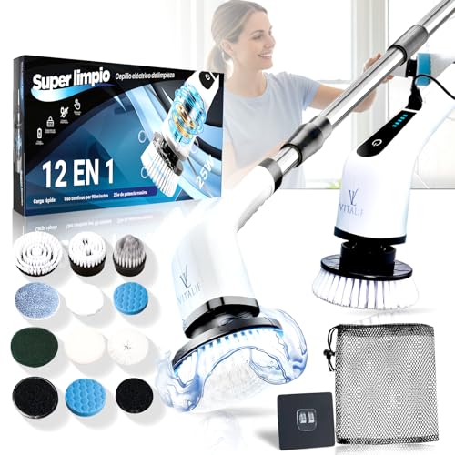 Vitalif Super Cepillo electrico Limpieza hogar 12 Cabezales, Escoba electrica Limpieza, 2 Velocidades, Batería 2600mah IPX6, Escoba Potente para Baño, Cocina, Suelo, Limpiador electrico Premium 25W