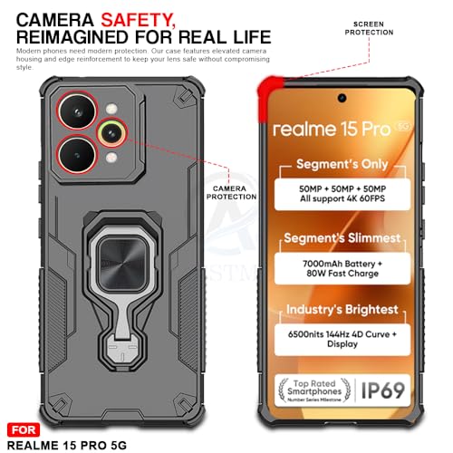 Image of AESTMO Armor Back Cover for Realme 15 Pro 5G | Ring Holder & Kickstand & Camera Protection in-Built | 360 Degree Protection Back Case Cover (Black)