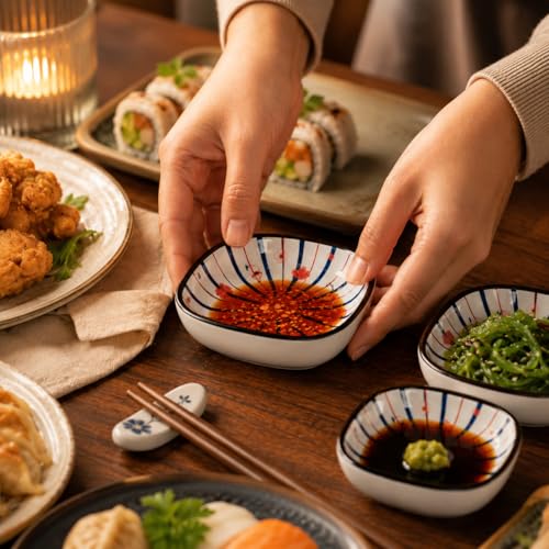 Image of YELONA Japanese Ceramic Bowl Set of 6 | 200ml Blue Floral Porcelain Elegant Serving Bowl for Rice, Soup, Snacks & Dessert | Ceramic Dinner Set for Gifting - (Sakura Burst)