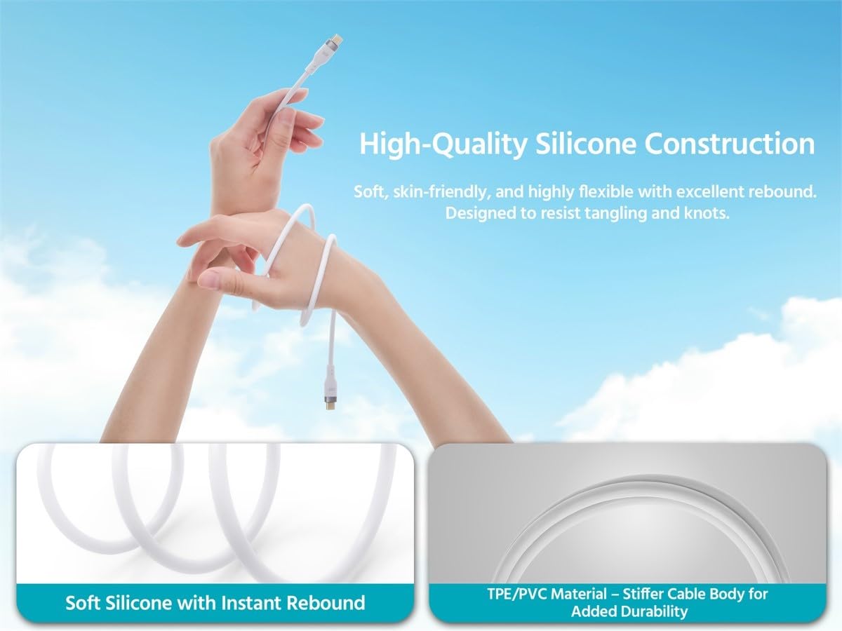 Monoprice Cavo di ricarica in silicone da USB-C a USB-C, USB 2.0, 240 W, ultra flessibile, 3 m, bianco, confezione da 2