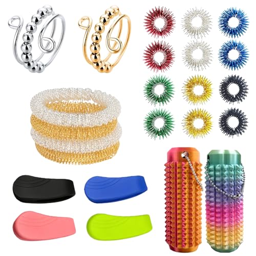 24 Stück Skills Borderline Akupressur Armband Skills Set Skills Panikattacken Akkupressurbälle Massageringe für Finger (12 Akupressur Ring 4 Clips 4 Armbänder 2 Skill Ringe 2 Akupressur Ball)