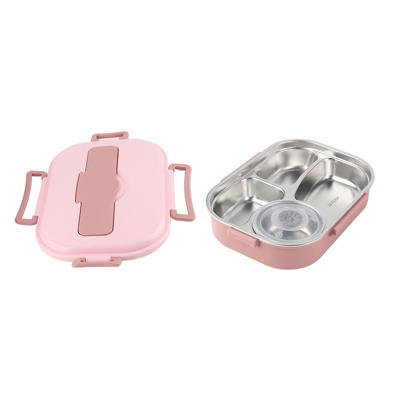 Bento Boxs Dinnerware - Contenitore per il pranzo a 4 scomparti in acciaio inox, per mense, ufficio, famiglia, contenitore per alimenti (quattro scomparti con ciotola per zuppa: rosa)